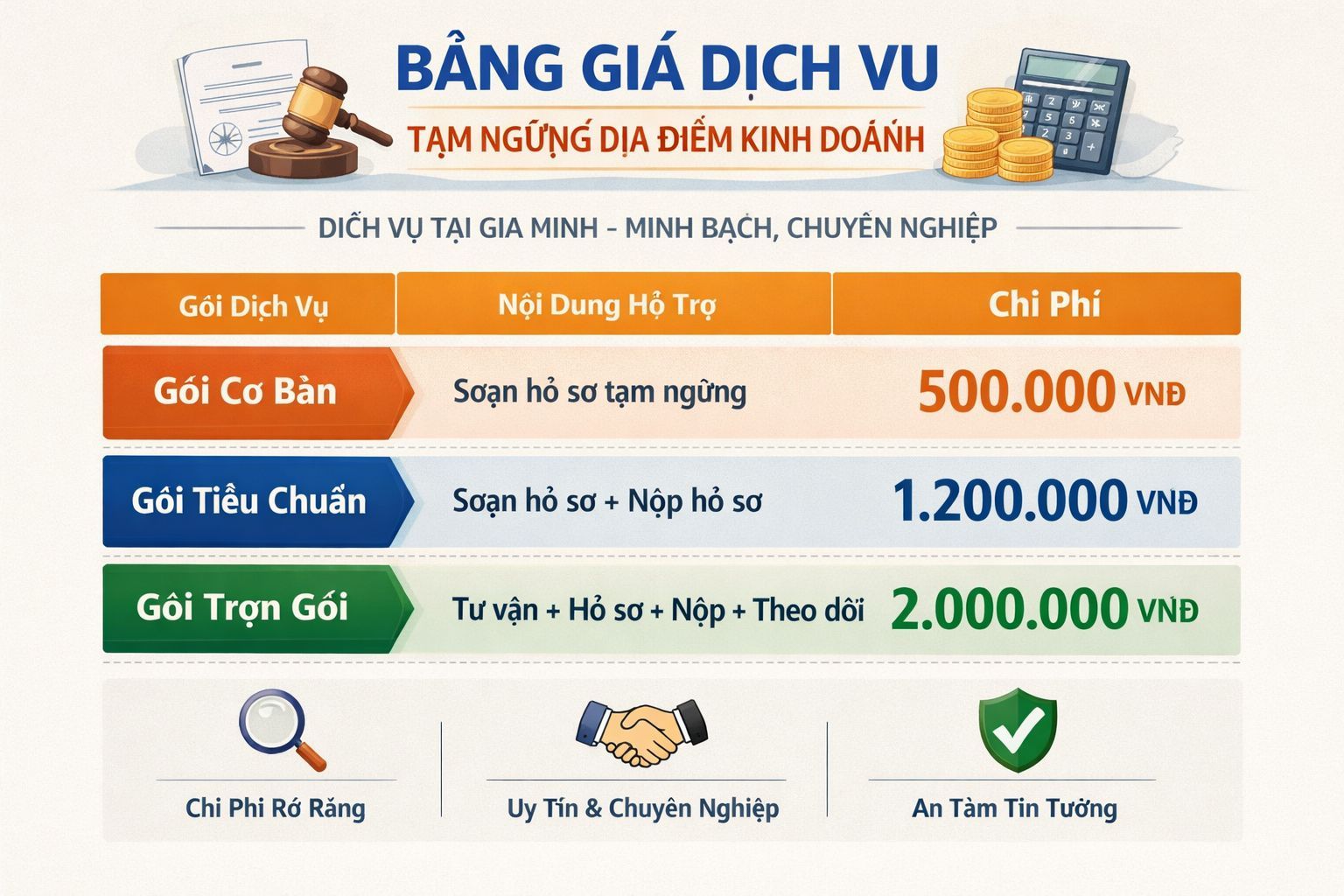Bảng giá dịch vụ tạm ngừng
